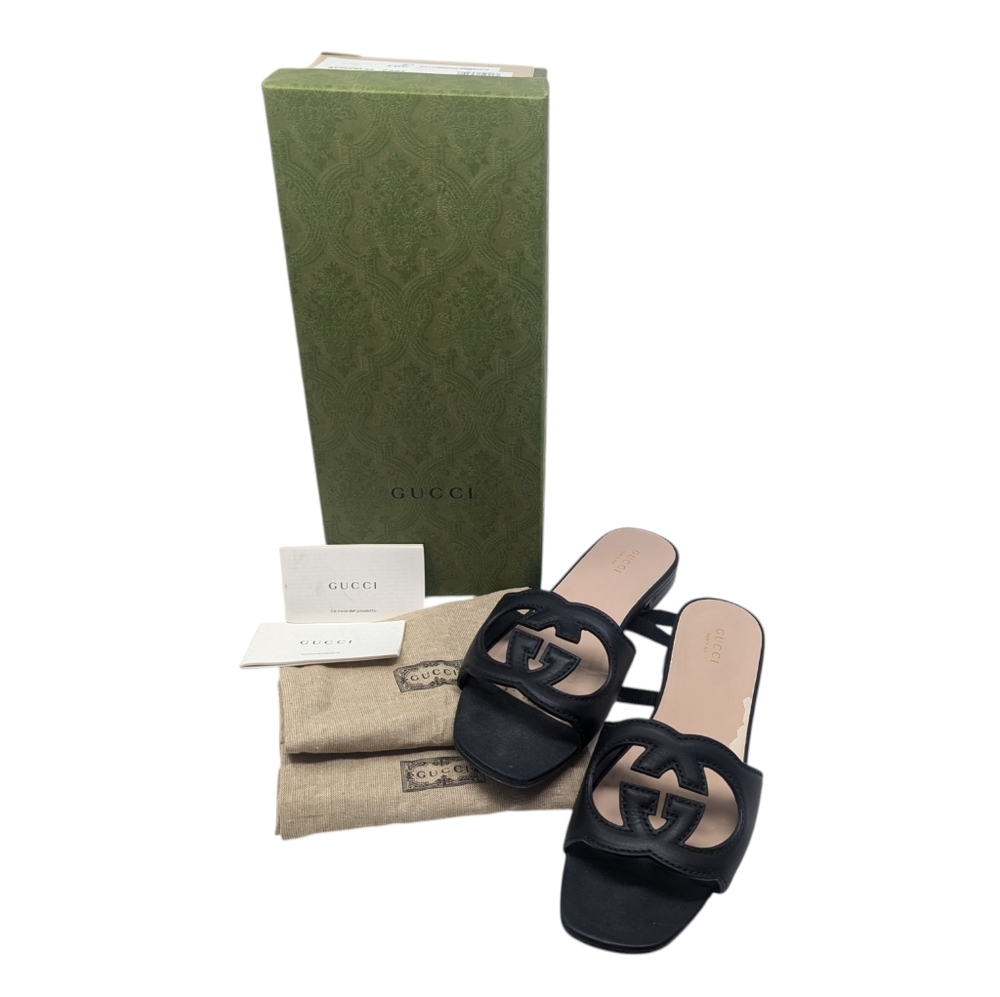 Gucci Black Interlocking GG Logo Cutout Slide Sandals Size EU 38.5